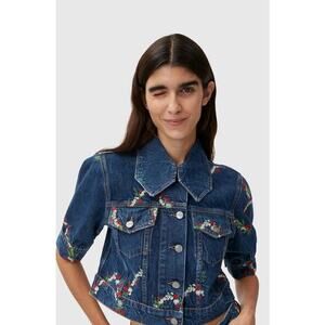 GANNI Floral-Embroidered Cropped Organic Denim Jacket Dark Indigo Medium